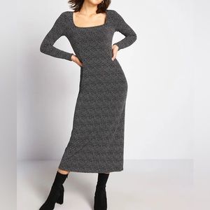 Modcloth Comfy Long Sleeve Black Midi Dress White Polka Dots Size Medium‎
